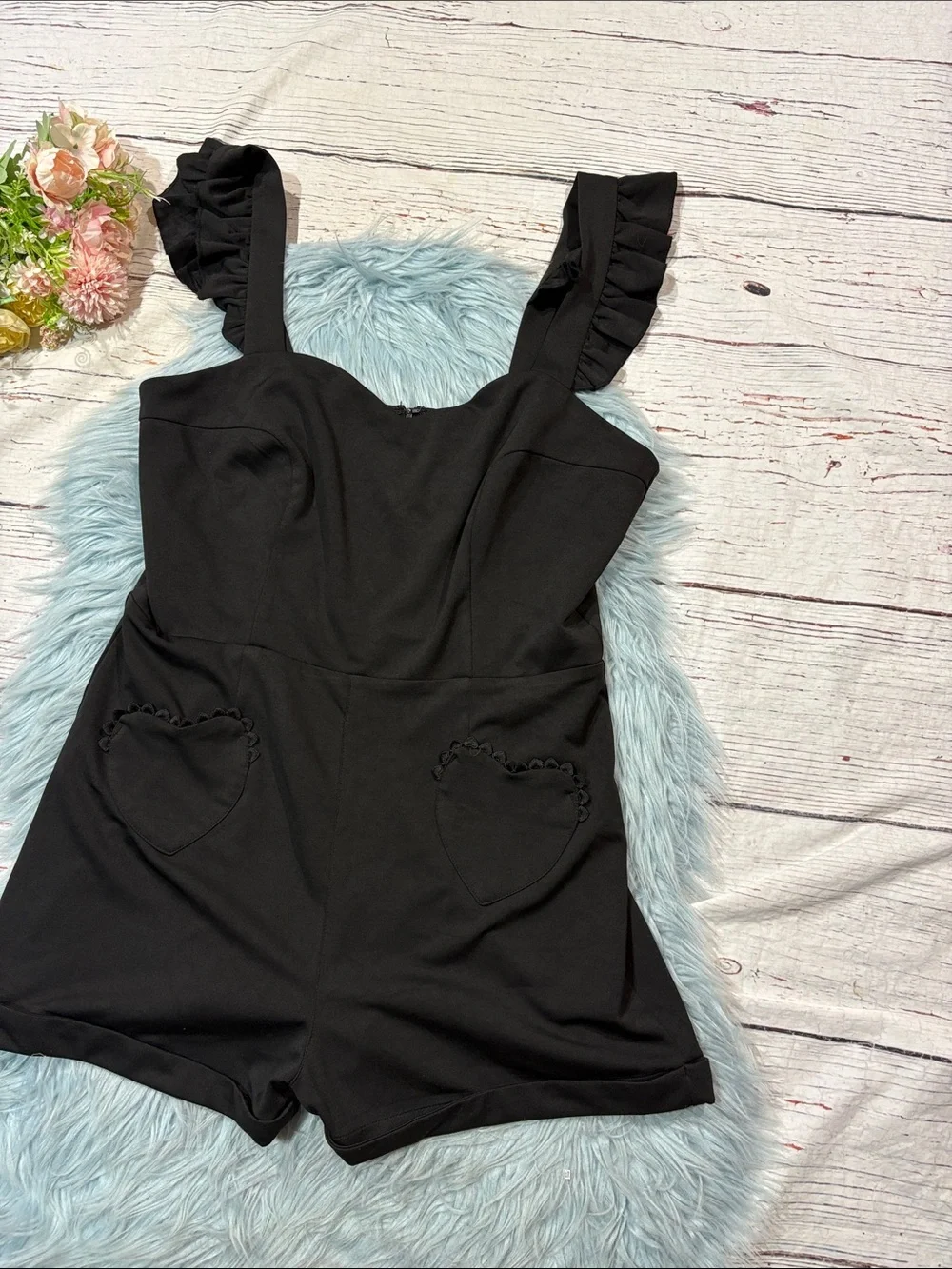 NWT Collectif London Heart Pocket Lisa Black Playsuit Ruffle Romper
